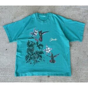 Vintage 90s Colorado Nature Green Shirt Cropped Size Large Birds Flowers